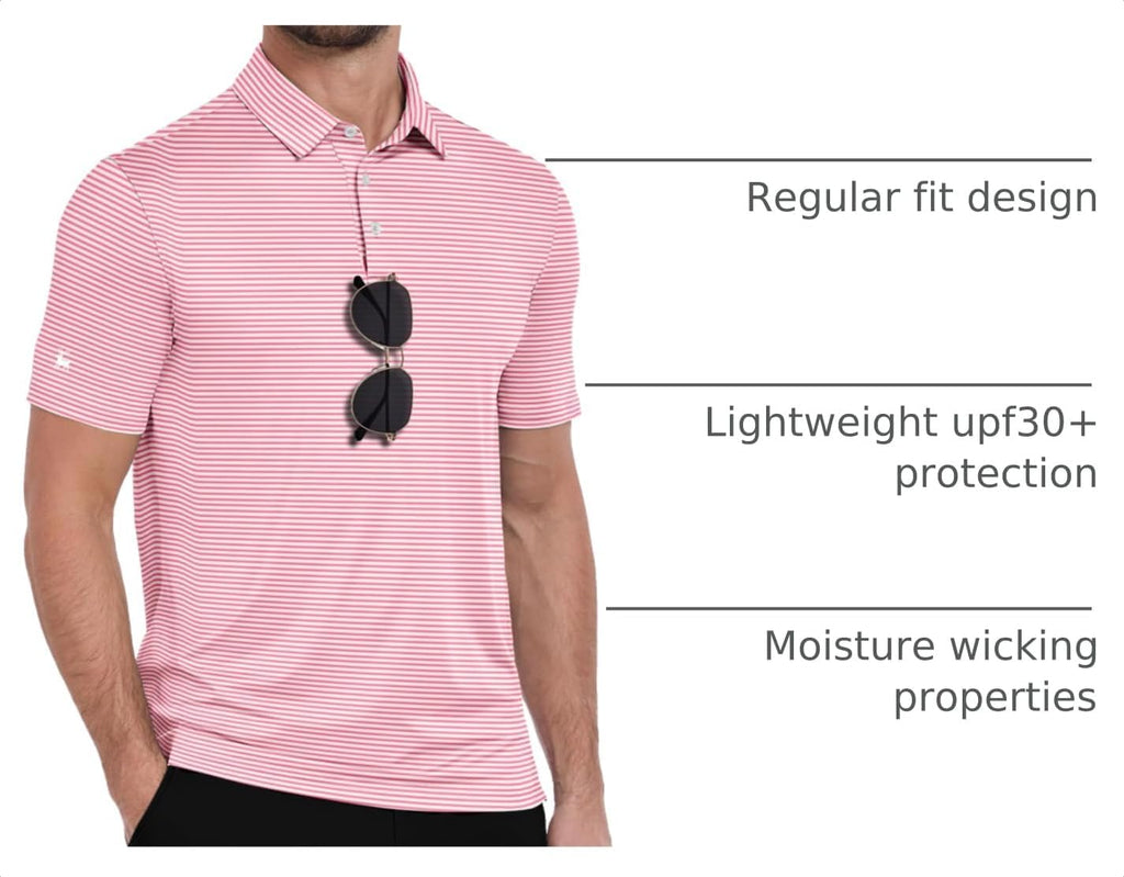 Men Golf Polo Shirts Short Sleeve Striped UPF 50+ Moisture Wicking Casual Collared Print T-Shirt for Men