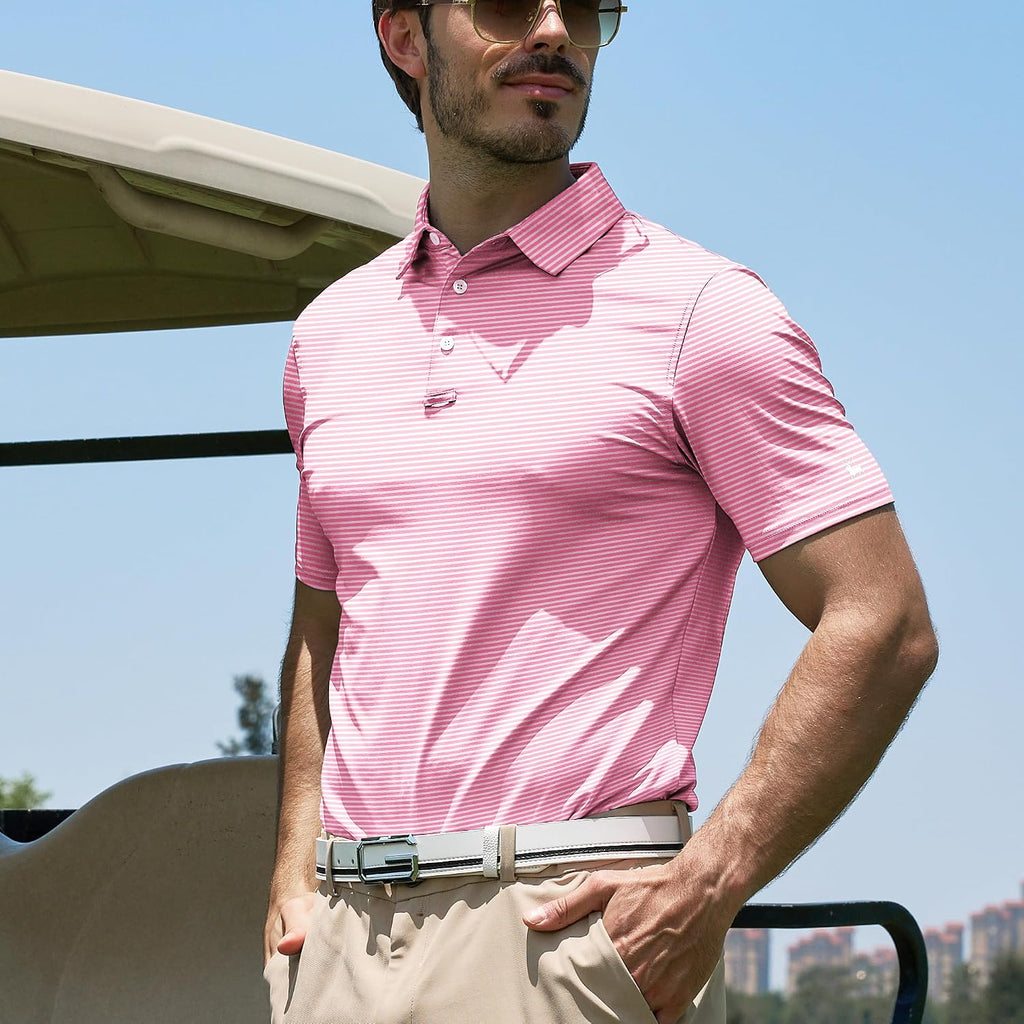 Men Golf Polo Shirts Short Sleeve Striped UPF 50+ Moisture Wicking Casual Collared Print T-Shirt for Men