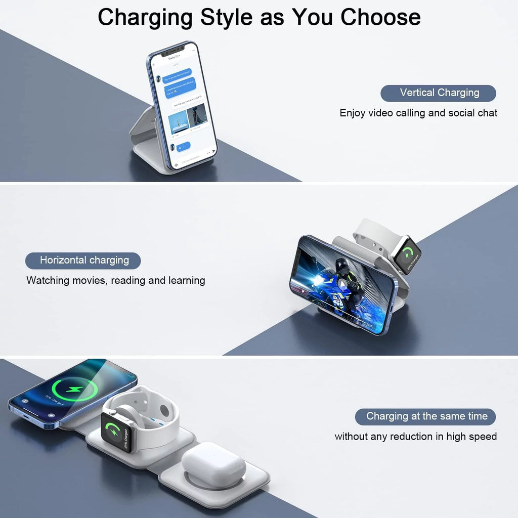 3-In-1 Wireless Charger, Magnetic Foldable Design Charging Station Compatible with Multiple Devices Including Iphone 17/16/15/14/13 Series, Airpods 4/3/Pro, and Iwatch