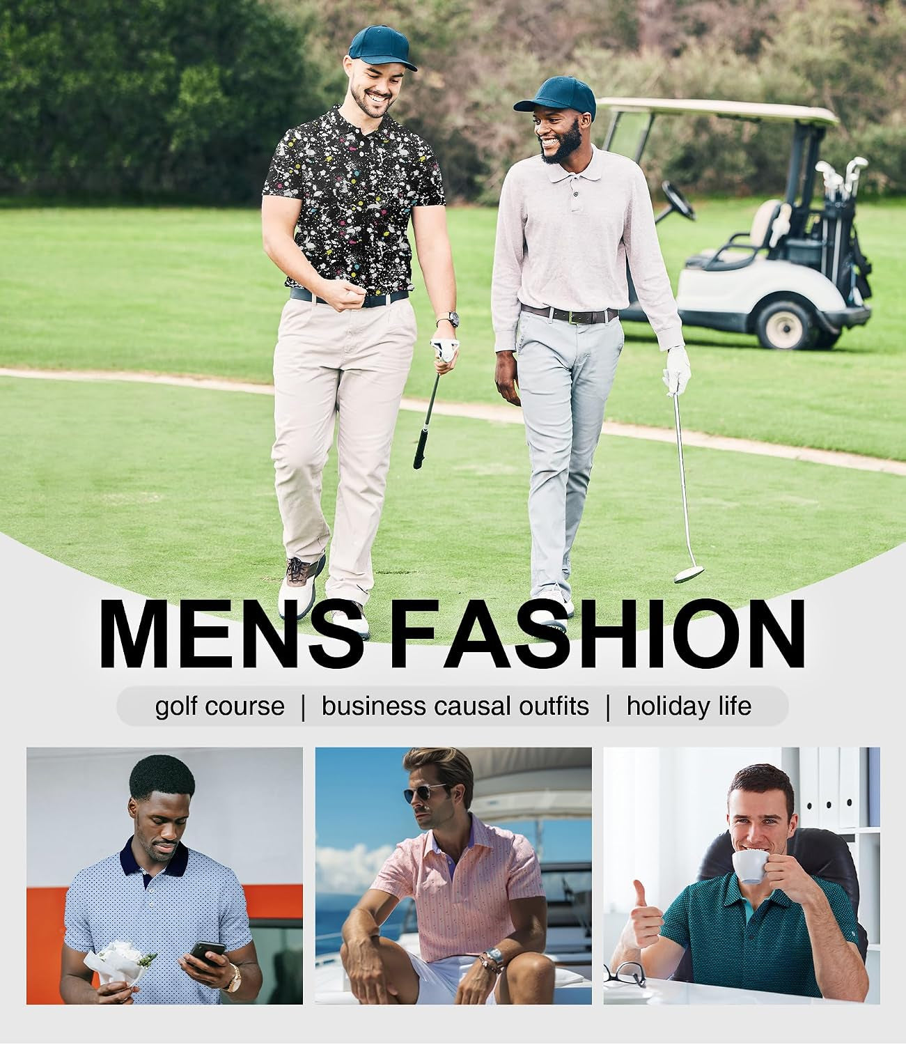 Men'S Golf Polo Shirt Short Sleeve Performance Moisture Wicking Collared Print Shirt for Golf and Casual Wear