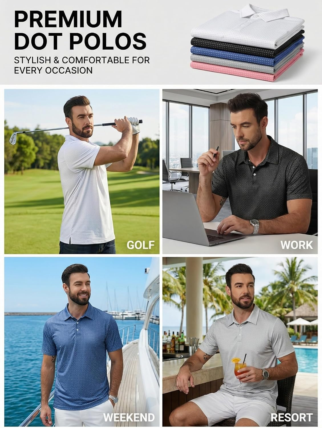 Mens Printed Golf Polo Shirt Moisture Wicking Business | Quick-Dry,Cool Feeling,4-Ways Stretch,Collared, Hem Slit,Lightweight,Short Sleeve,Casual Print Pattern,Sun Protection