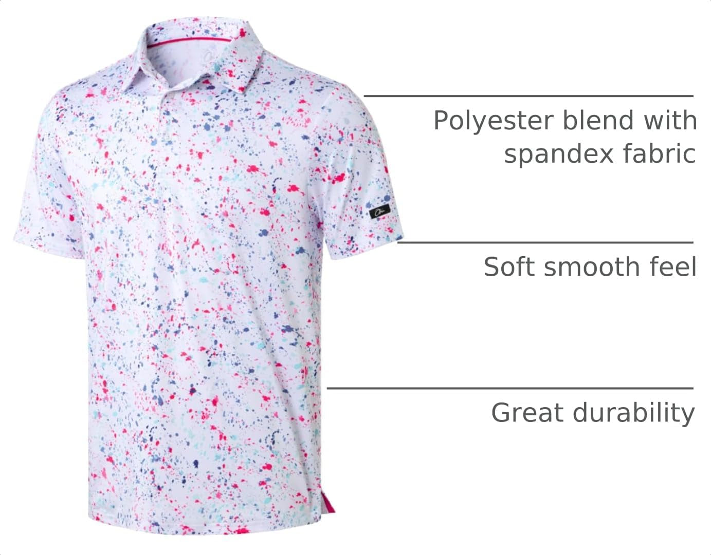 Mens Golf Polo Shirts Short Sleeve Dry Fit Performance Moisture Wicking Casual Print Collared Golf Shirts for Men
