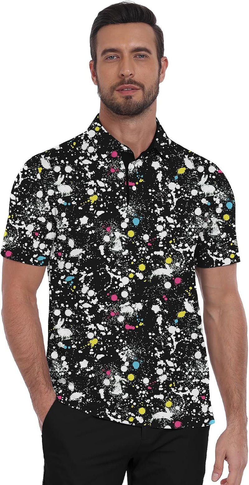 Men'S Golf Polo Shirt Short Sleeve Performance Moisture Wicking Collared Print Shirt for Golf and Casual Wear