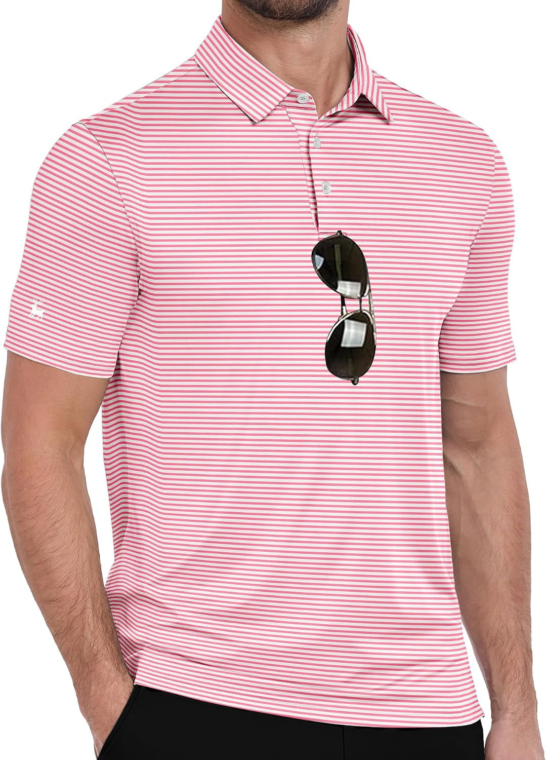 Men Golf Polo Shirts Short Sleeve Striped UPF 50+ Moisture Wicking Casual Collared Print T-Shirt for Men