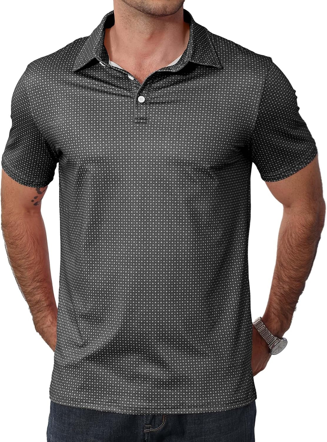 Mens Printed Golf Polo Shirt Moisture Wicking Business | Quick-Dry,Cool Feeling,4-Ways Stretch,Collared, Hem Slit,Lightweight,Short Sleeve,Casual Print Pattern,Sun Protection