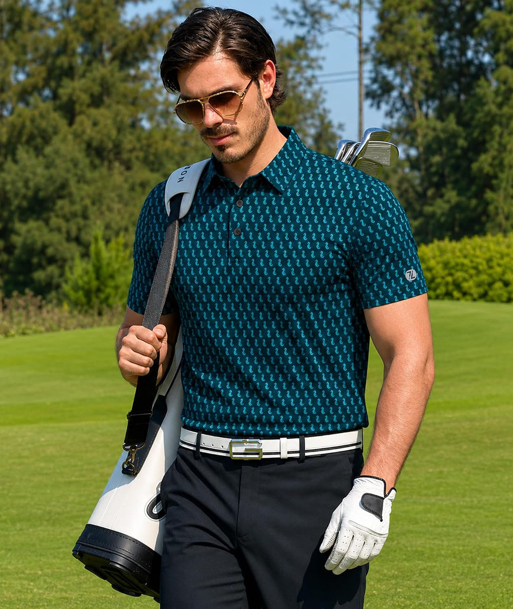 Mens Golf Shirts Short Sleeve Print Patterns Performance Moisture Wicking Polo Shirt