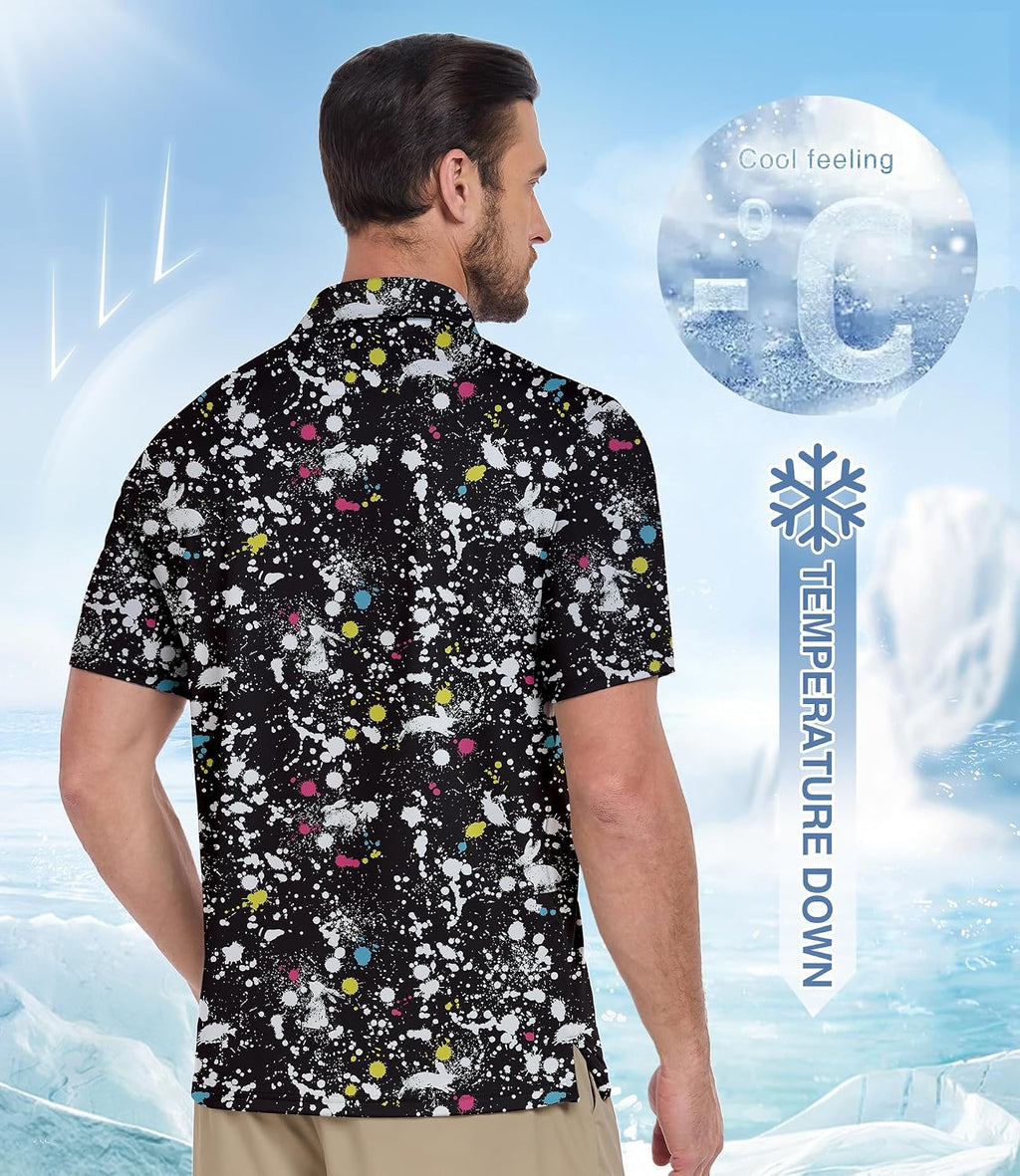 Men'S Golf Polo Shirt Short Sleeve Performance Moisture Wicking Collared Print Shirt for Golf and Casual Wear