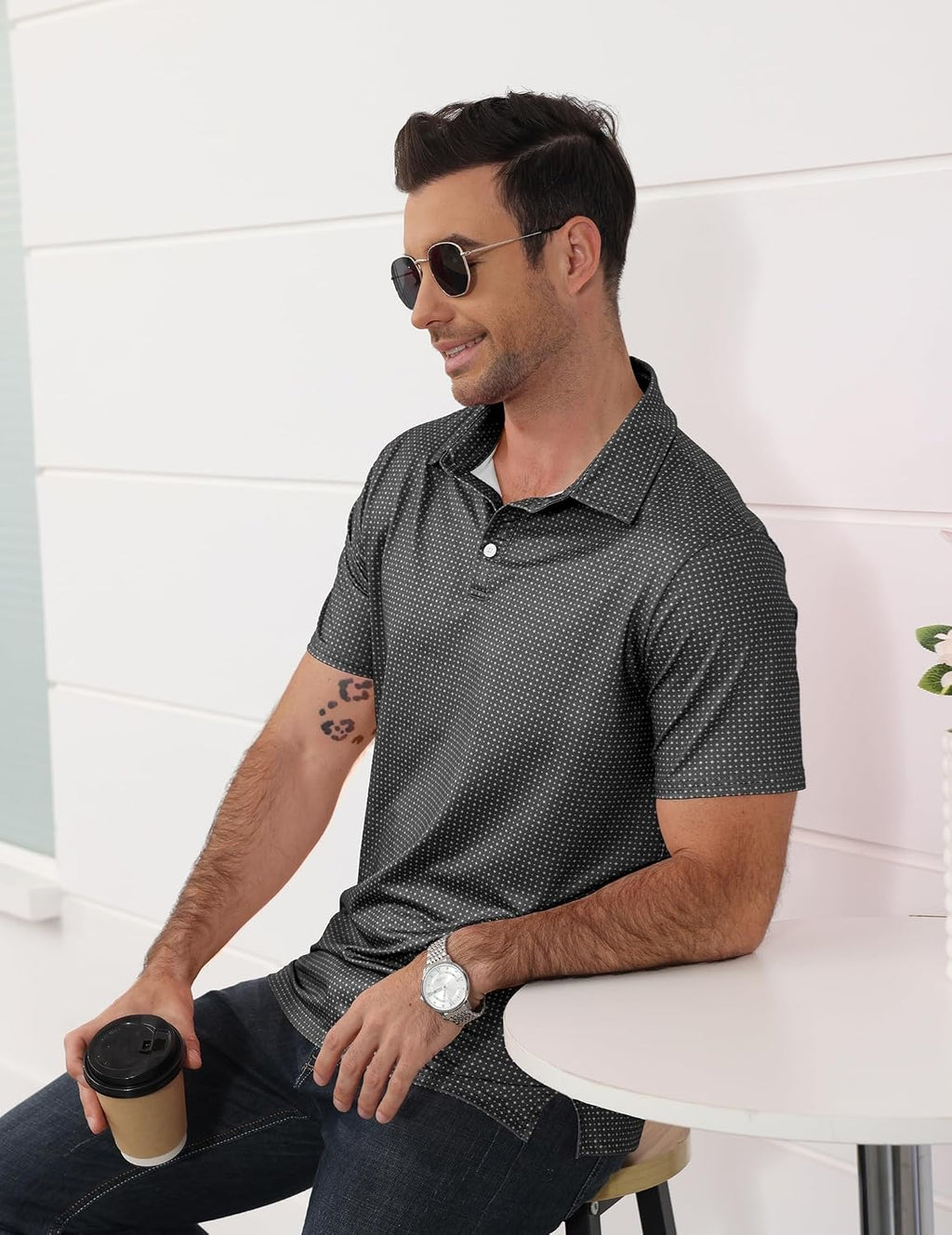 Mens Printed Golf Polo Shirt Moisture Wicking Business | Quick-Dry,Cool Feeling,4-Ways Stretch,Collared, Hem Slit,Lightweight,Short Sleeve,Casual Print Pattern,Sun Protection
