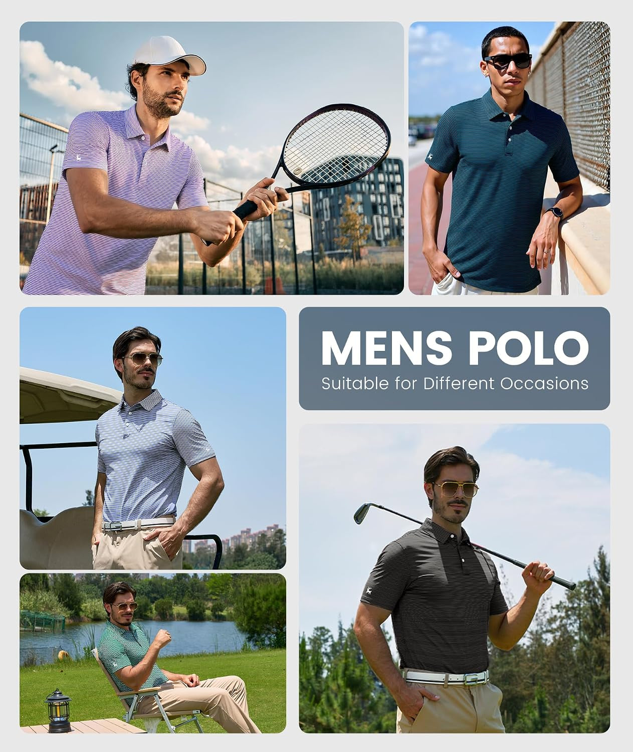Men Golf Polo Shirts Short Sleeve Striped UPF 50+ Moisture Wicking Casual Collared Print T-Shirt for Men
